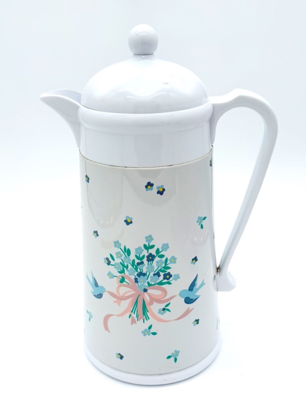 Vintage AK Das Co Thermal Carafe Coffee Pitcher Bluebirds Floral Pink Ribbon